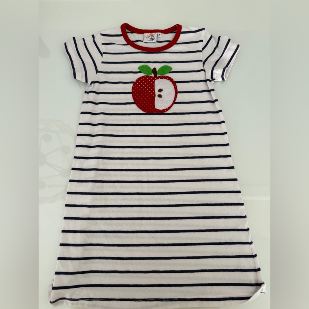 Luigi Striped Dress with Red Apple Applique